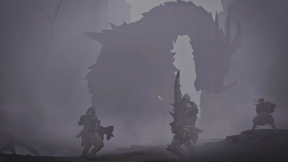 A giant dragon looms in thick fog over a group of hunters in Monster Hunter Wilds: Ascendance