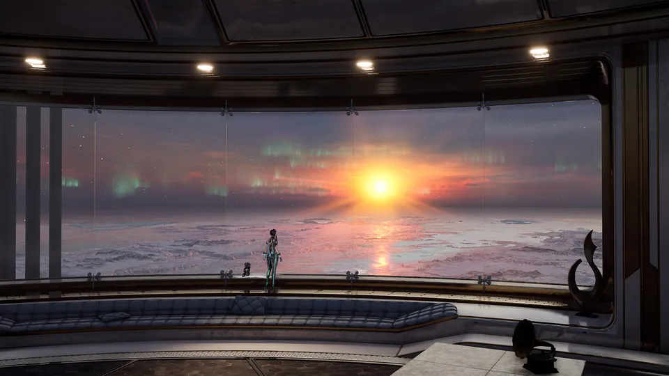 A lone figure looks out of a wide observation window at the sun rising over a frozen sea