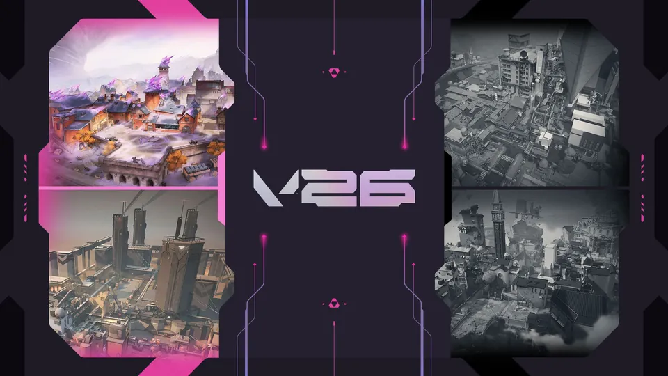 Valorant Season 26 art with map views around the V26 logo from the patch 13.08 notes