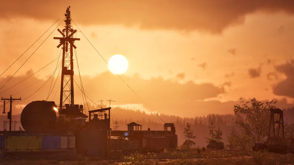 A fortified settlement with a radio tower at sunset in State of Decay 3