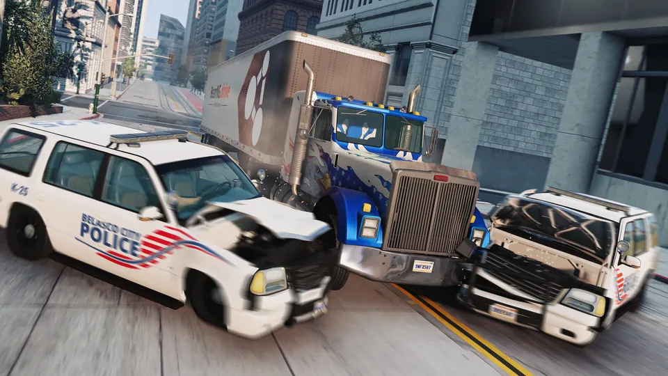 BeamNG.drive screenshot: a semi truck crushes two police SUVs on a city street