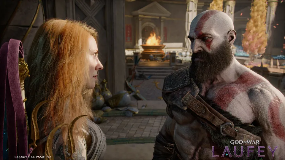Faye facing Kratos in a hall with a burning hearth