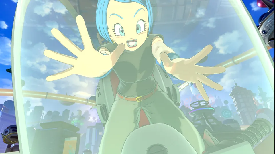 A blue-haired woman reaches out from inside a glass capsule above West City