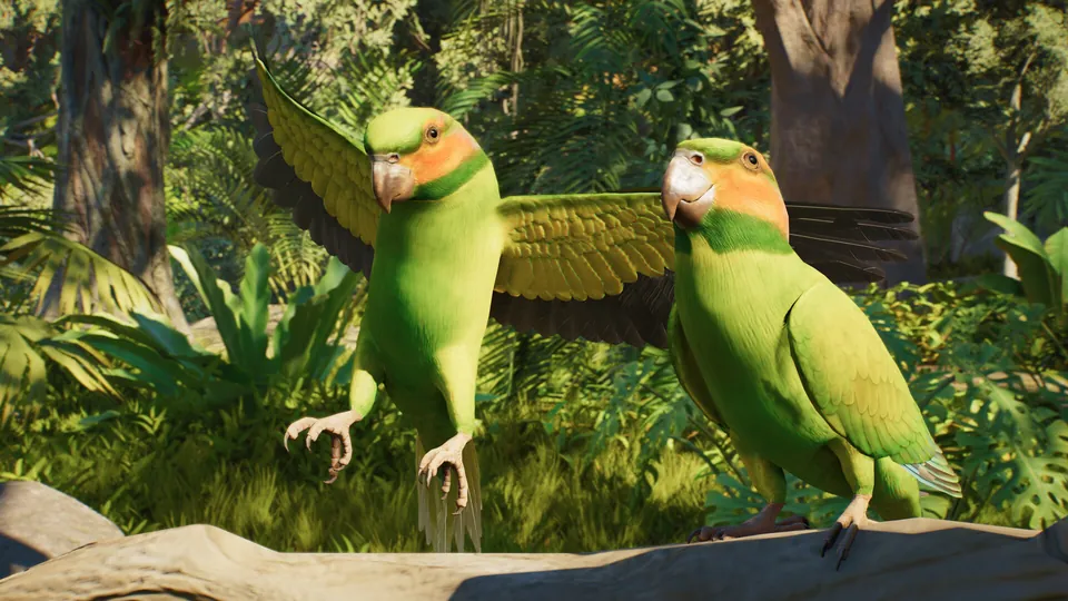 Two green parrots perched on a branch