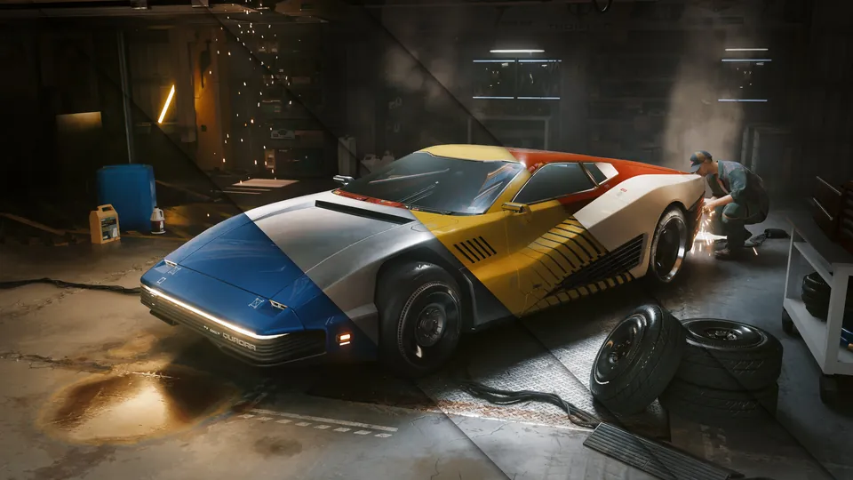 A Quadra sports car with a blue, white and yellow paint job sits in a Night City garage in Cyberpunk 2077