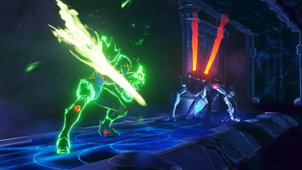Samus dashes with a green energy blade through a dark corridor in Metroid Ravenous