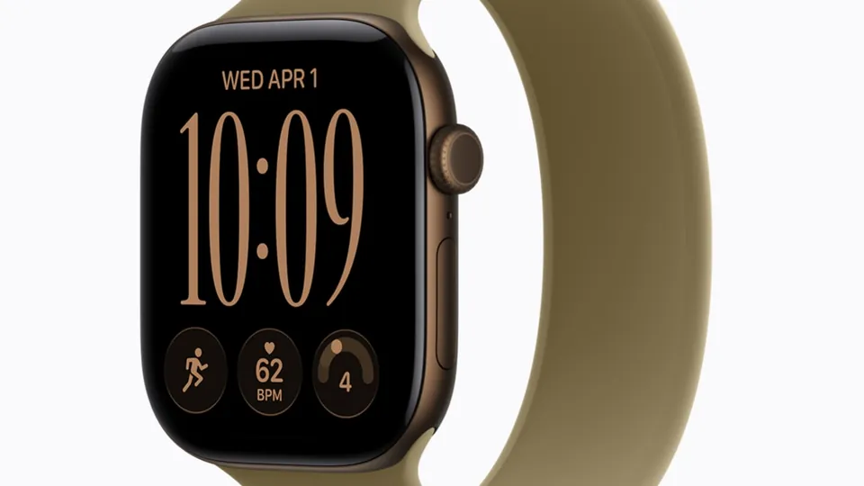 Apple Watch Series 12 in dark bronze aluminum with an olive Sport Loop