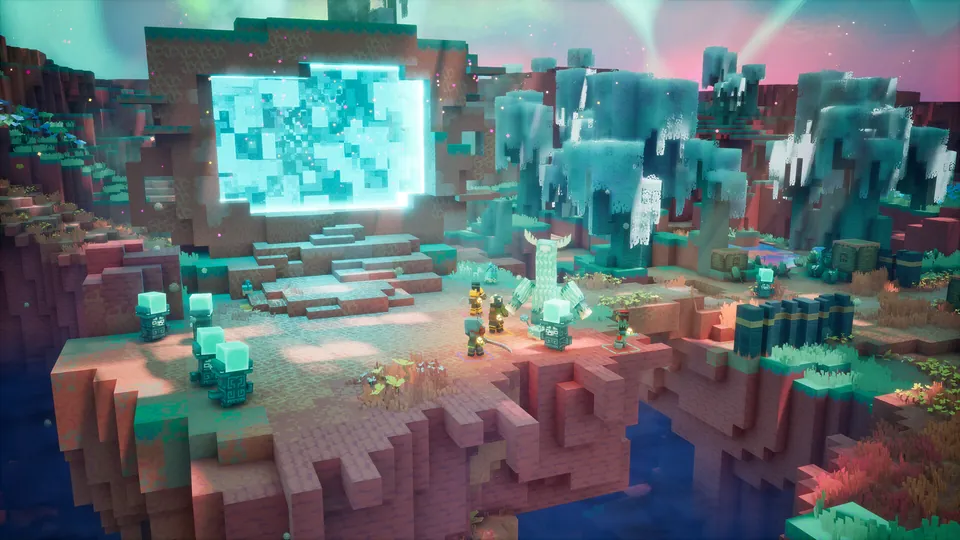 Heroes stand on a red rocky island in the Sift, near a glowing blue rift and pale crystal trees, in Minecraft Dungeons II