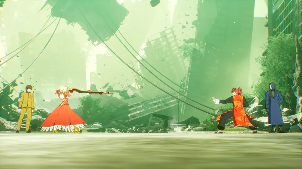 Saber and the player face a rival pair in a green-lit ruined city in Fate/Extra Record