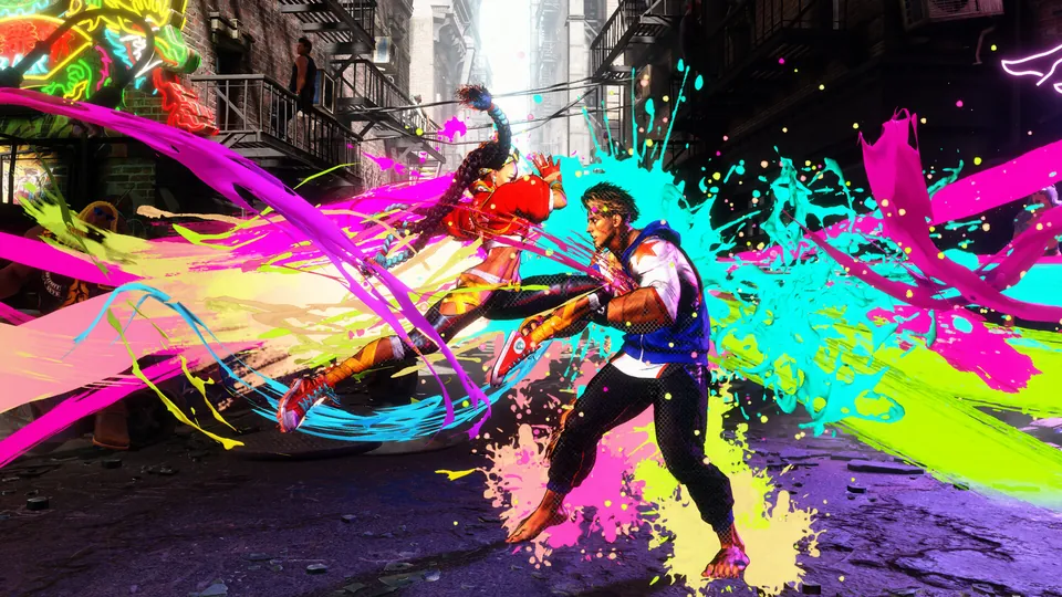 Two fighters clash in a burst of neon paint in a city alley in Street Fighter 6