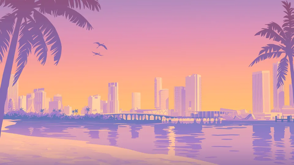 The Vice City skyline in pink and orange sunset light, framed by palm trees