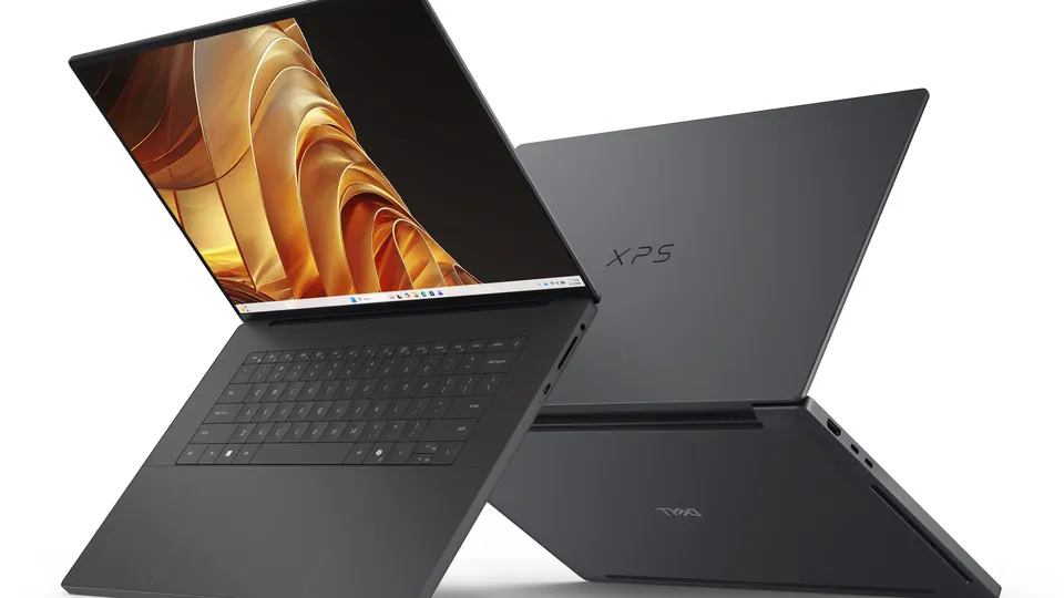 Two Dell XPS 16 Creator Edition laptops in graphite, one open and one seen from the back