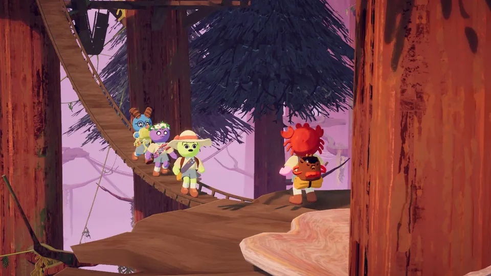A line of scouts crosses a wooden rope bridge between giant tree trunks in a pink-lit forest