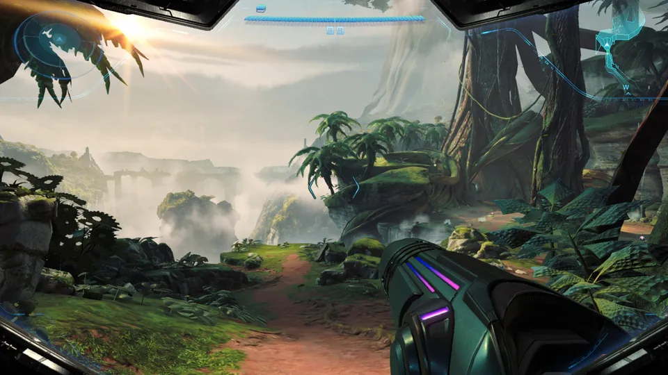First-person view from Samus's visor across a misty jungle valley with waterfalls on Viewros