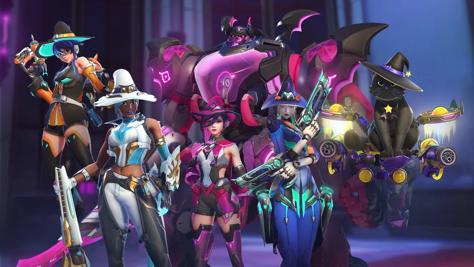 Overwatch heroes in witch hats and neon tech outfits with a black cat in a jetpack in the Tech Witches collection