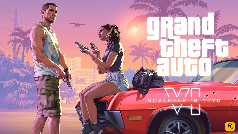 Jason holds a pistol while Lucia sits on the hood of a red car under palm trees, with the Grand Theft Auto VI logo and November 19, 2026