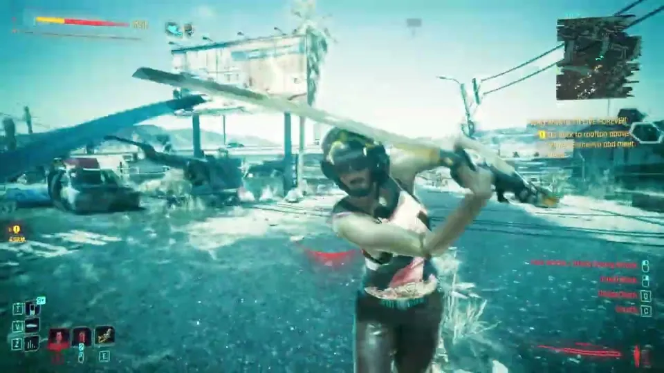 A player character swings a katana during an outdoor fight in NightCoop gameplay footage from Cyberpunk 2077