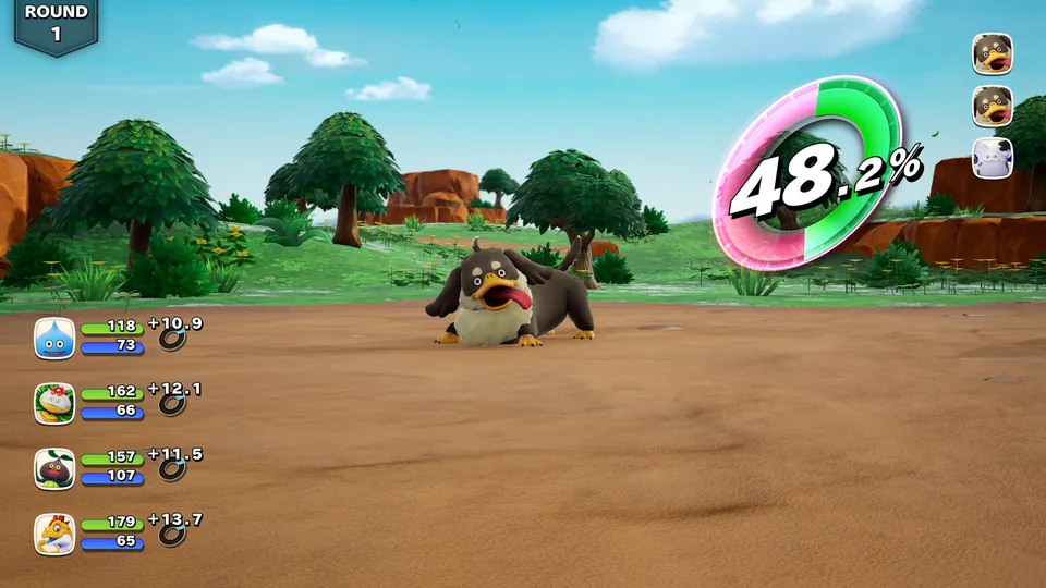 A wide-mouthed dark bird monster stands in a grassy field as a gauge reads 48.2% during a battle in Dragon Quest Monsters: The Withered World