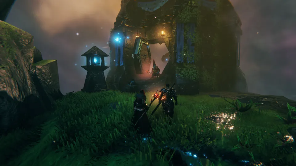 Two armored Vikings, one with a glowing red weapon, crossing grass at dusk toward a mossy stone tower lit by blue lanterns