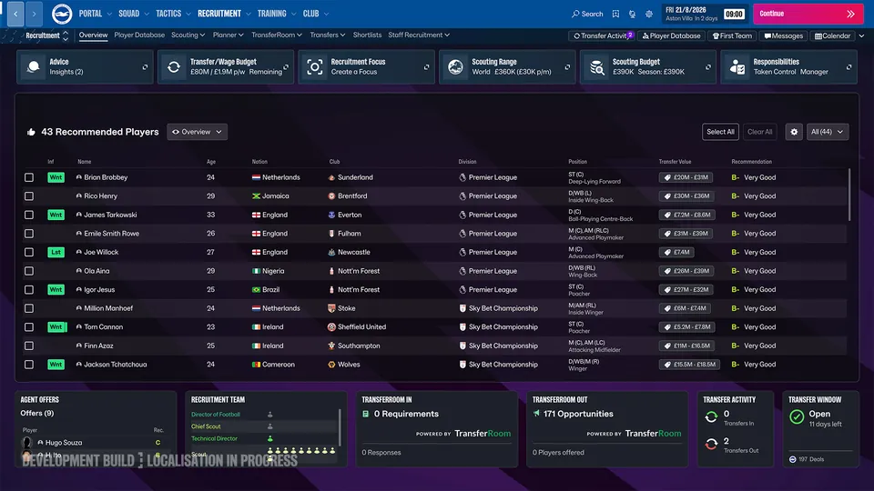 Football Manager 27 recruitment screen listing 43 recommended players with transfer values and ratings