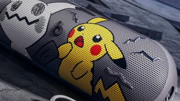 Close-up of the Pokémon Beats Pill grill showing Mimikyu and Pikachu