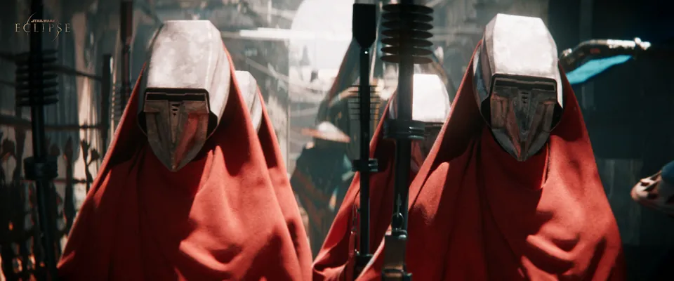 Guards in red robes and silver helmets walking through a crowded street in Star Wars Eclipse