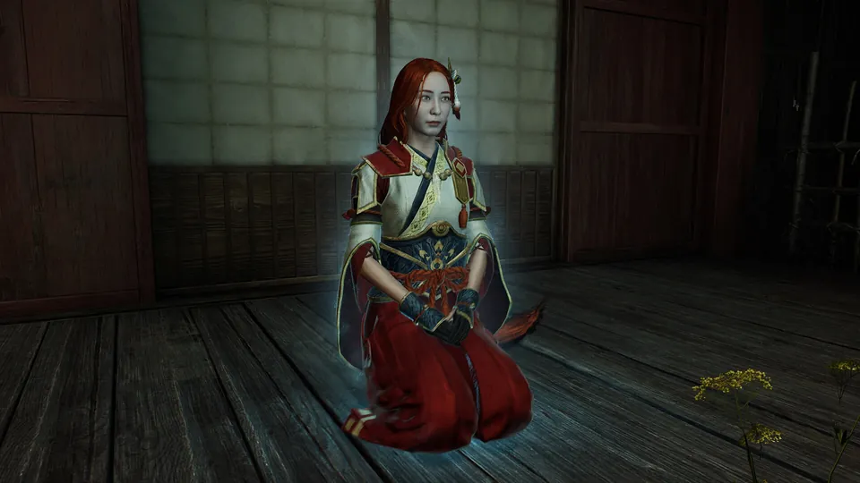 The Oni Lady kneels in a wooden room wearing the free Hinoa outfit from Monster Hunter Rise in Onimusha: Way of the Sword