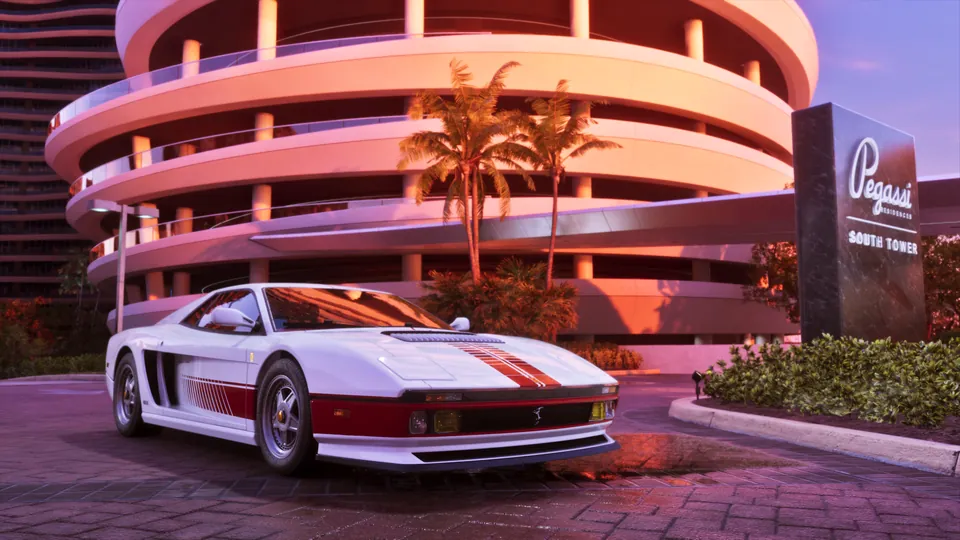 A white sports car parked outside a round pink parking garage in GTA 6