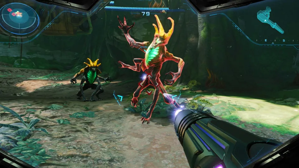 Samus fires the arm cannon at a tall insectoid creature with a glowing green core in a forest clearing