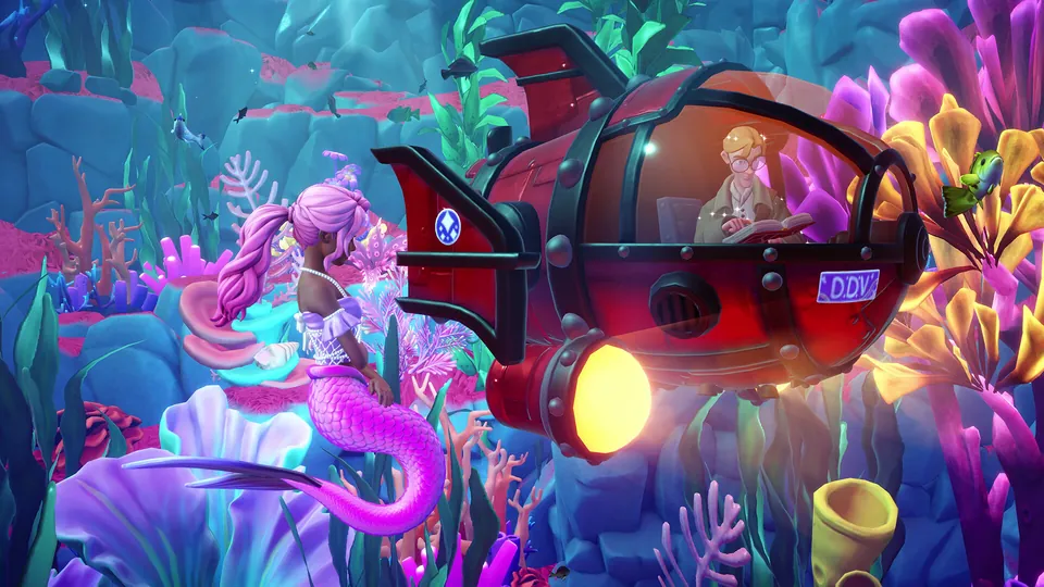 A pink-haired avatar with a pink mermaid tail floats on a coral reef beside a red mini-submarine piloted by a man in glasses reading a book