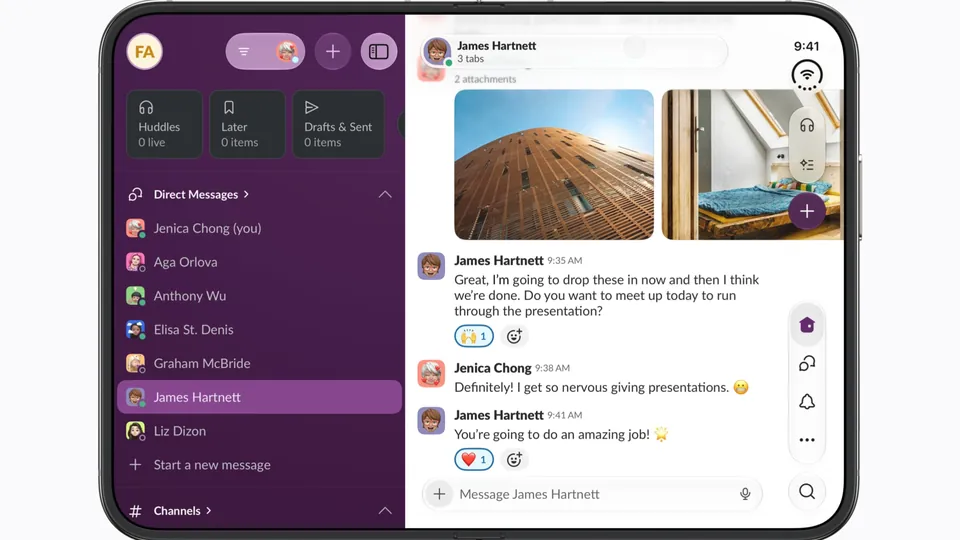 An open iPhone Duo shows a messaging app with a list of chats beside a conversation