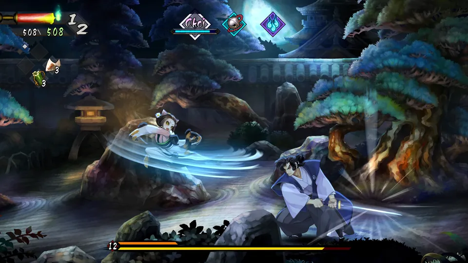 A blue-robed swordsman spins into an attack in a moonlit garden in Muramasa: Revenant Blades