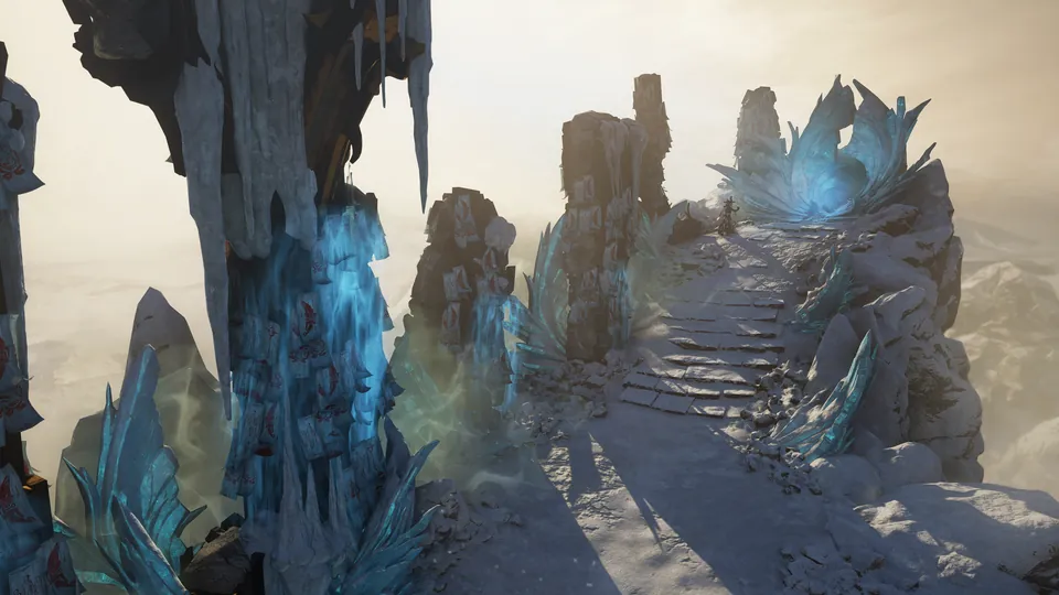 Yuvan Peak, a snowy mountain summit with stone stairs winding between rock spires and blue ice crystals