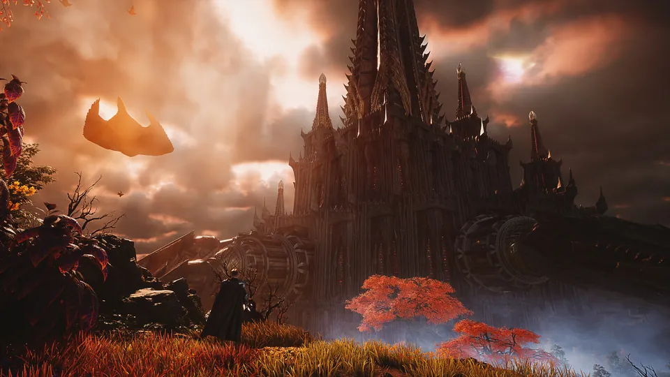 AION 2 gothic fortress under an orange sky with a floating island and red trees