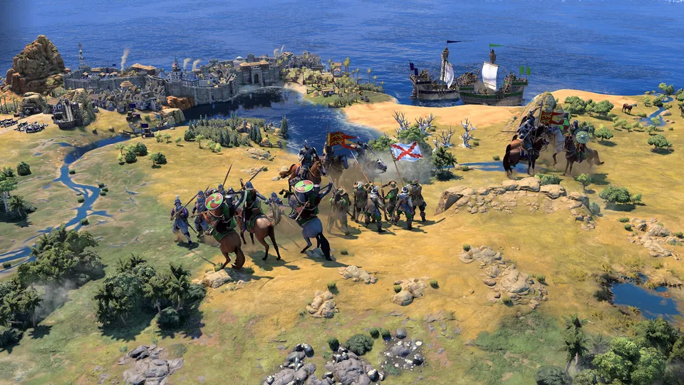 Armies clash on a grassland map beside a coastal city and sailing ships in Civilization VII.