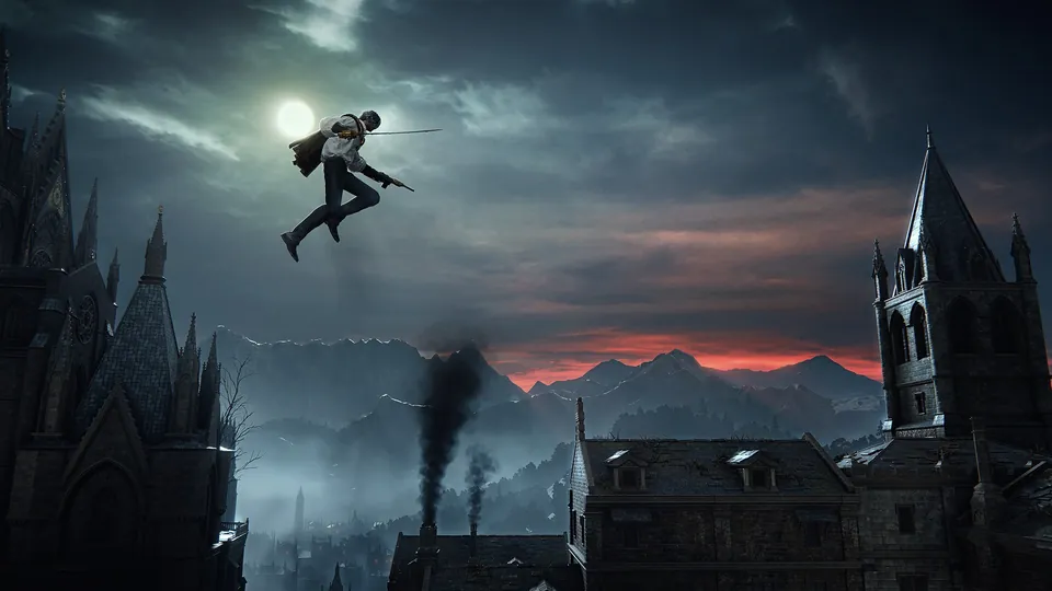 A figure leaps over gothic rooftops under a full moon