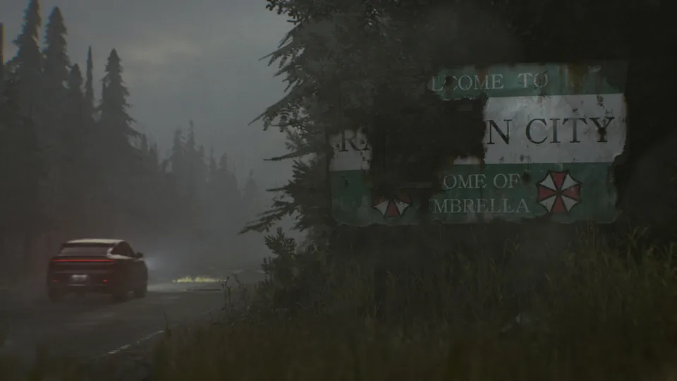 A car drives past a faded Welcome to Raccoon City sign on a foggy forest road in Resident Evil Requiem