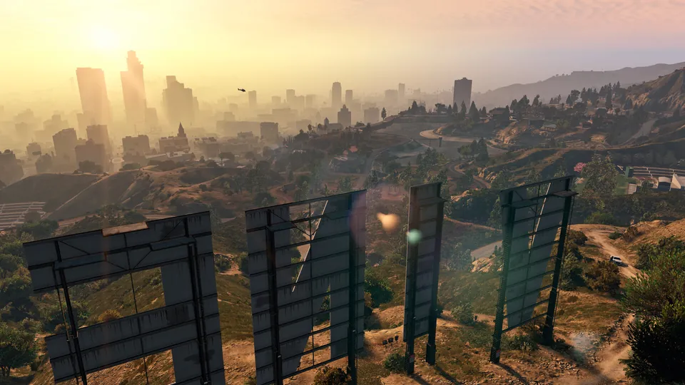 Los Santos seen from behind the Vinewood sign in Grand Theft Auto V