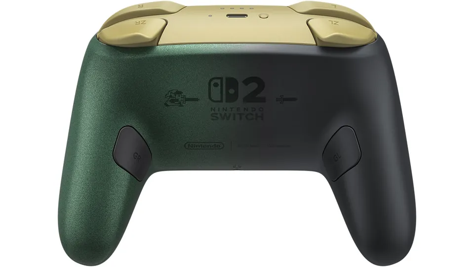 The back of the Zelda Pro Controller, green with gold shoulder buttons and the Switch 2 logo.