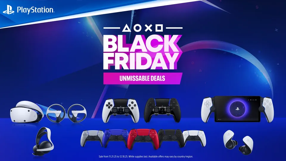 PS VR2, DualSense controllers, a PlayStation Portal and Pulse audio gear under PlayStation's Black Friday logo