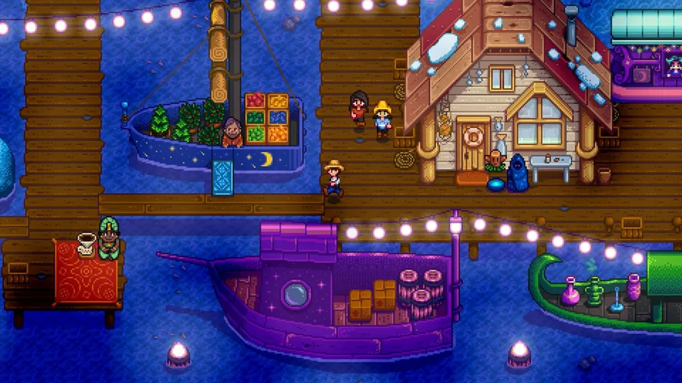 Boats strung with lights float at a busy night market on the docks in Stardew Valley
