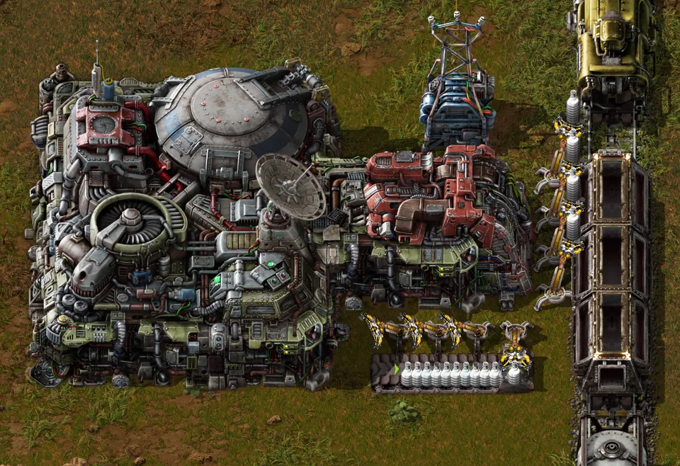 A Factorio landing pad with cargo bays next to a train being loaded by inserters
