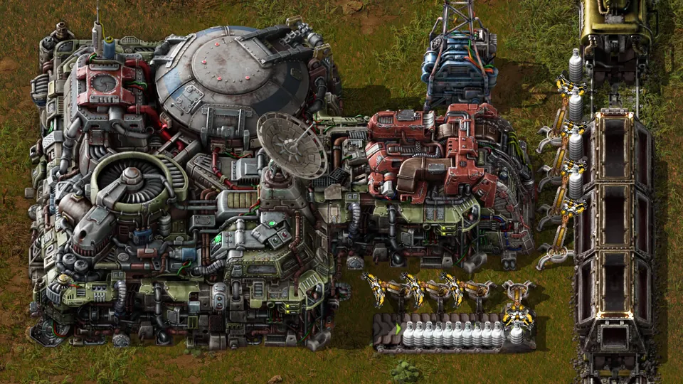 A Factorio landing pad with cargo bays next to a train being loaded by inserters