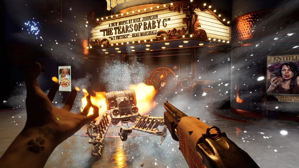 An explosion goes off under a movie theater marquee as the player fires a gun in Judas