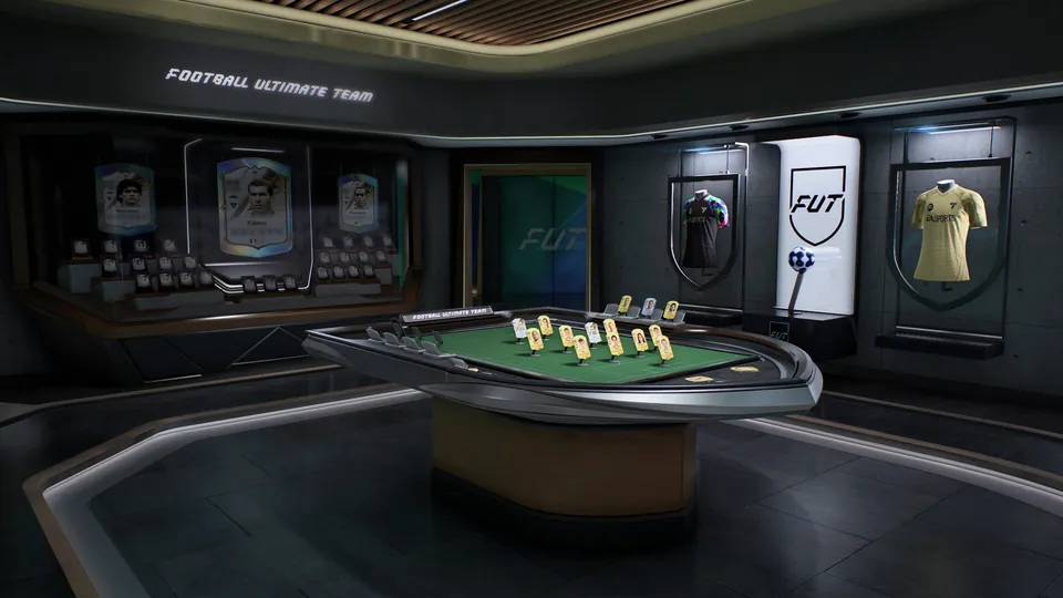 A Football Ultimate Team room with framed player cards, shirts and a tactics table