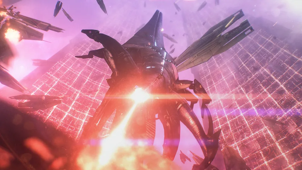 A giant Reaper fires a red beam through a shattered grid of light in Mass Effect Legendary Edition