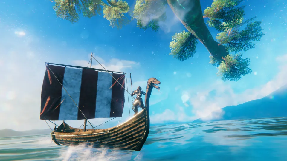 A longship with a striped sail cuts through blue water
