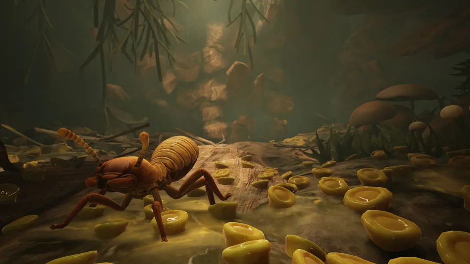 Grounded 2 Rot and Ruin image: a termite crosses shallow water dotted with yellow fungus in a dark cave