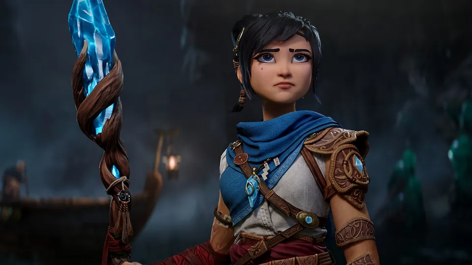 Kena holds a staff with glowing blue crystals on a dark shoreline in Kena: Scars of Kosmora