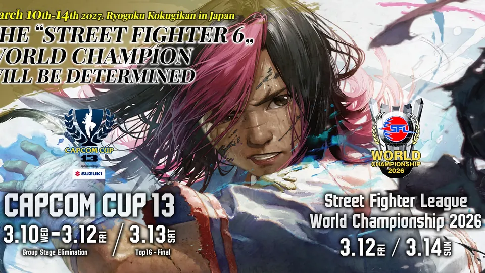 Capcom Cup 13 key visual with a Street Fighter 6 fighter and the March 10 to 14, 2027, dates